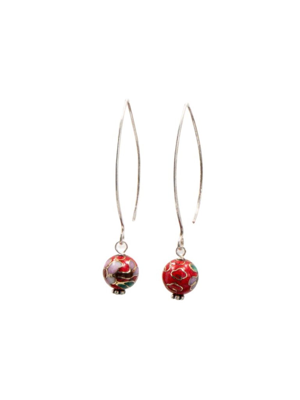 Sterling Silver 2 Inch Red Cloisonné Flower Dangle Earrings